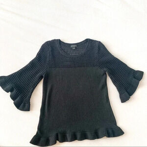 Y2K Black Knit Sweater Top XS Crochet Whimsigoth Flare Sleeve Pullover Boho Chic